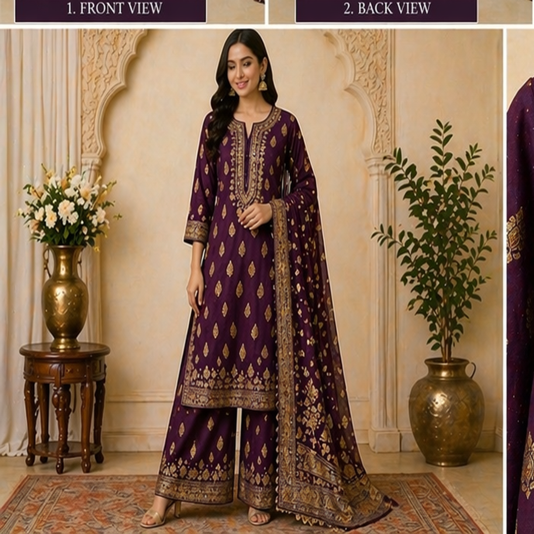 Jaipur Style Printed Kurta Palazzo Set with Dupatta (Royal Purple)