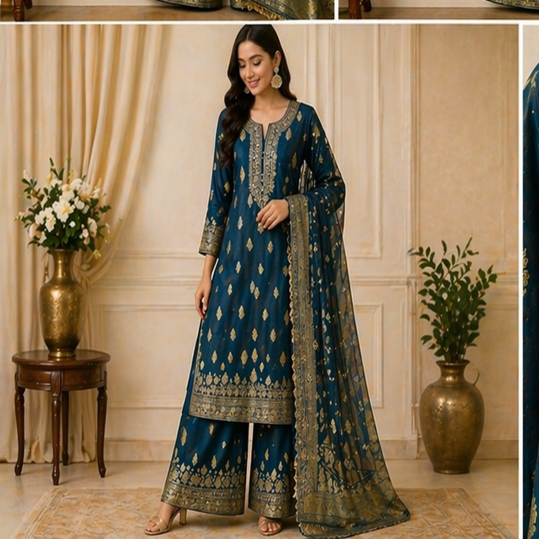 Banarasi Style Kurta Palazzo Set with Dupatta (Teal Blue)
